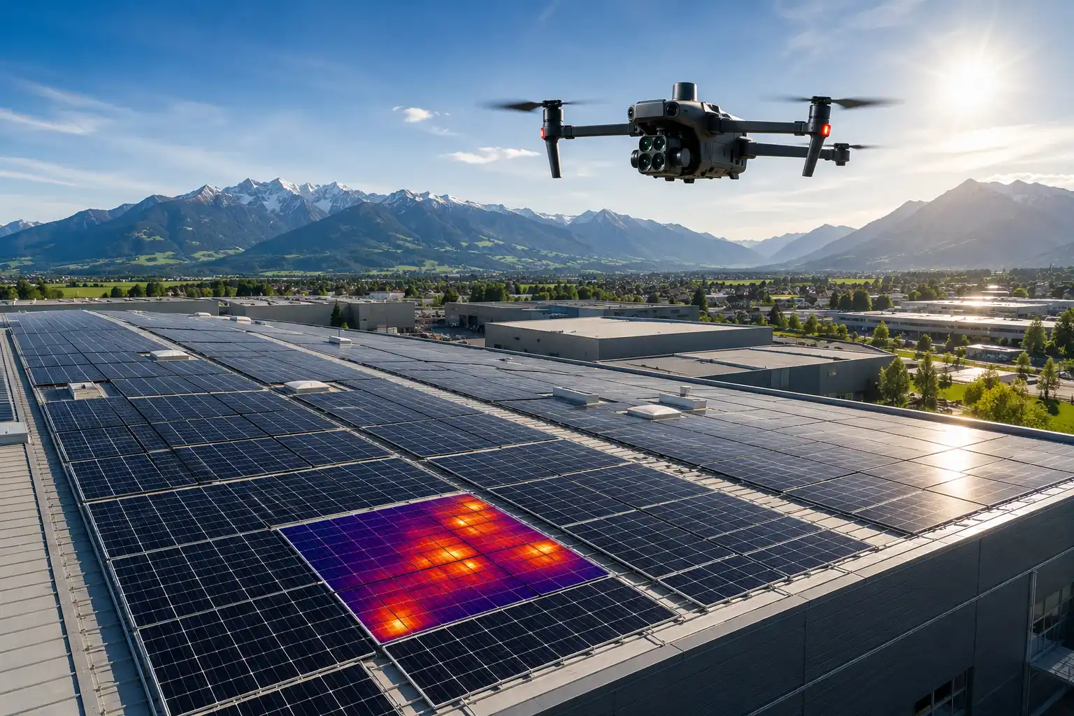 Drohne fliegt über Flachdach mit Photovoltaik Schweiz